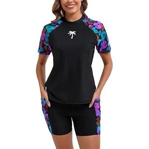 MSRP $39 Halcurt Women's L Black Dotted Two Piece Rash Guard Swim Shirts Built